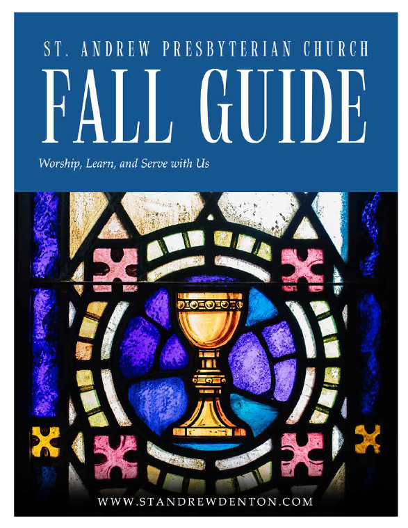 Cover of the Fall Guide | Pictured on the cover is a picture of a communion chalice depicted in stained glass.